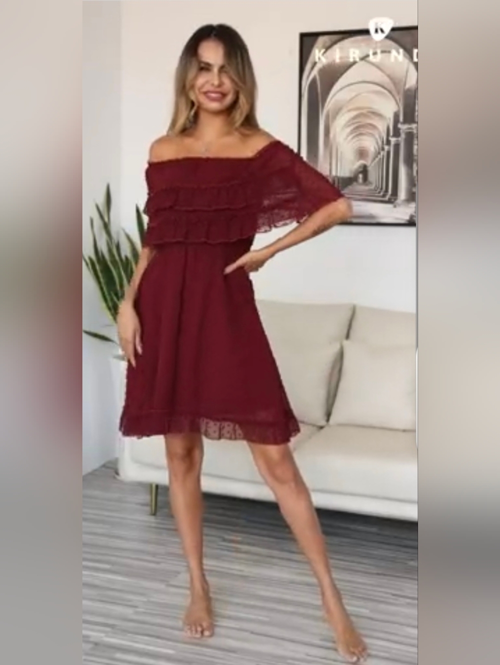 Off-Shoulder Dark Green Ruffle Mini Dress - Picture 3 of 4